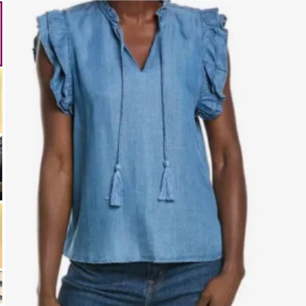 NWT! Nanette Lepore Denim Flutter Sleeve Tie Neck Top